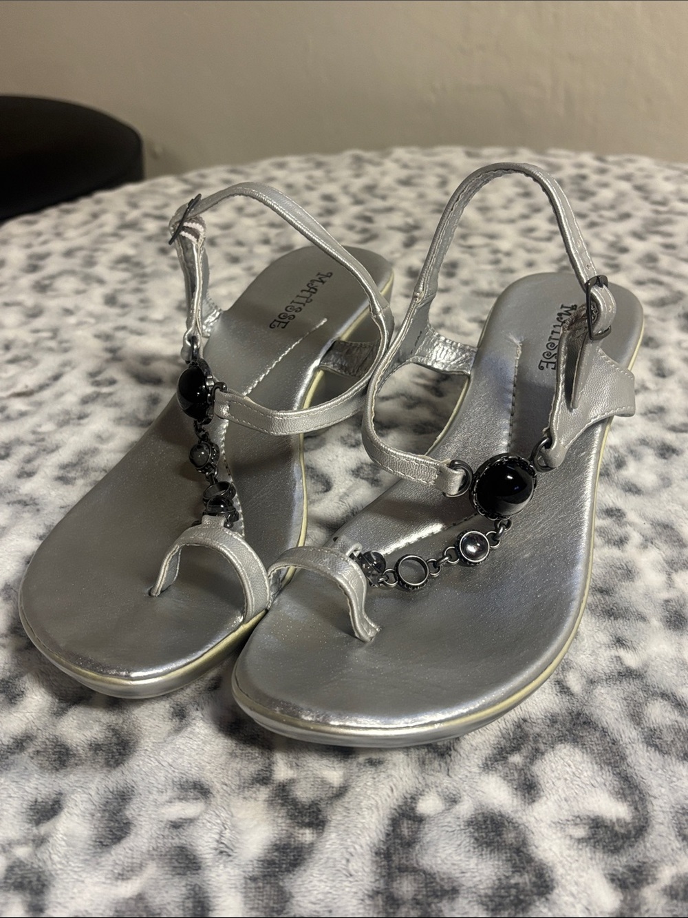 Matisse Silver T-Strap Sandals with Black Bead Accents
